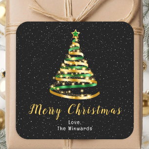 Groen en Gouden Lint Boom Prettig Kerstfeest Vierkante Sticker