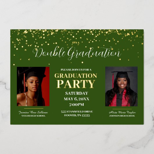 Groen en goudgoud met dubbel Afstuderen Folie Uitnodiging (Voorkant)