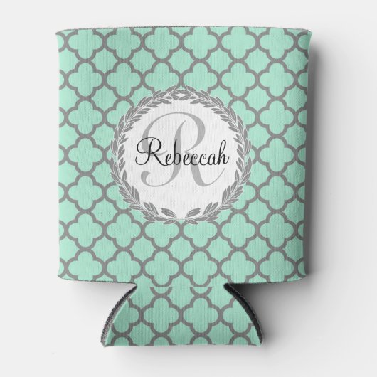 groen en grijs Quatrefoil Monogram Laurel Blikjeskoeler (Voorkant)