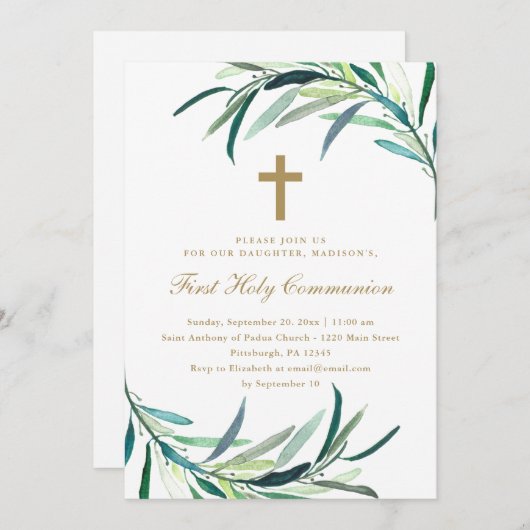 Groen en Kruis Eerste Heilige Communie Uitnodiging (Voorkant / Achterkant)
