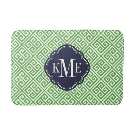 Groen en Marine Grieks Sleutel Monogram Badmat (Voorkant)
