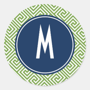 Groen en marineblauw Grieks sleutelpatroon Monogra Ronde Sticker