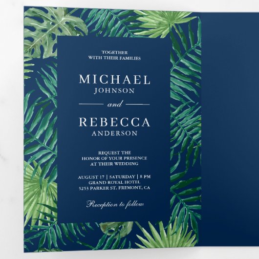 Groen en marineblauw palm vertrekt tropisch huweli drieluik uitnodiging (Binnenzijde eerst)