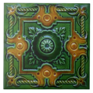 Groen en oranje Victoriaans design majolica-tegel Tegeltje