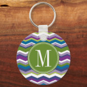 Groen en Paars Chevron Patroon met Monogram Sleutelhanger (Voorkant)