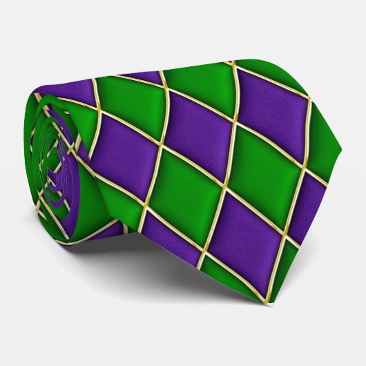 Groen en Paars Diamond Pattern Mardi Gras Stropdas (Opgerold)