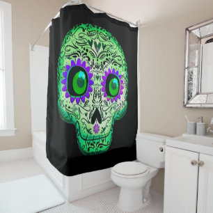 Groen en Paars gegloeiend Suiker Zwarte Halloween Douchegordijn