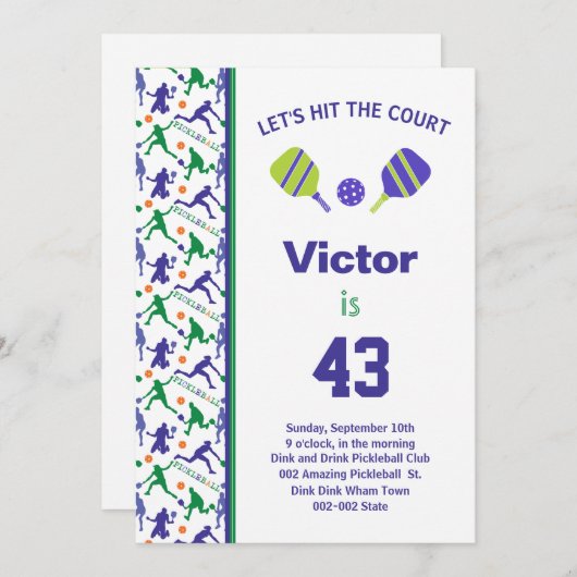 Groen en paars Pickleball B'day + RSVP-uitnodiging Kaart (Voorkant / Achterkant)