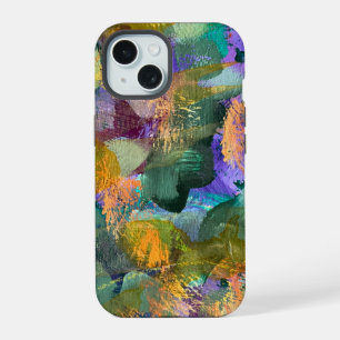 Groen en Paarse Abstracte Bloemen iPhone 15 Hoesje