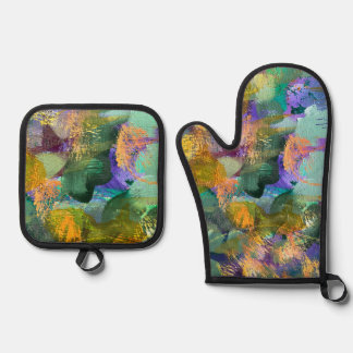 Groen en paarse abstracte bloemen ovenwant & pannenlap set