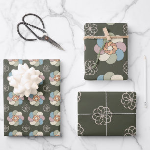 Groen en pastel, ingewikkelde bloemen in 60s stijl inpakpapier vel