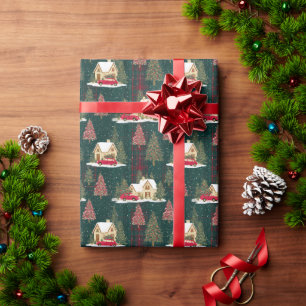 Groen en rood bos kerstdorp cadeaupapier