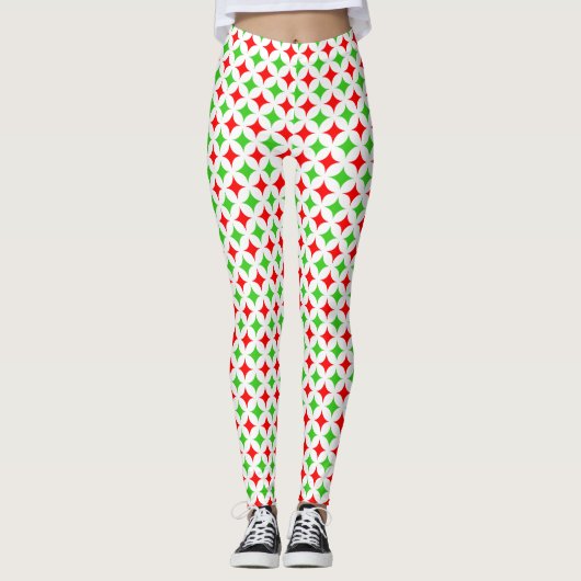 Groen en rood diamantsterpatroon op wit leggings (Voorkant)