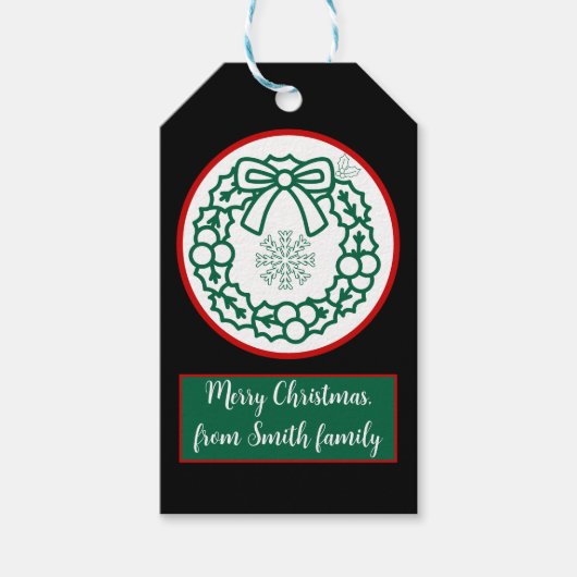 groen en rood Kerstkrans sneeuwvlok script lettert Cadeaulabel (Voorkant)