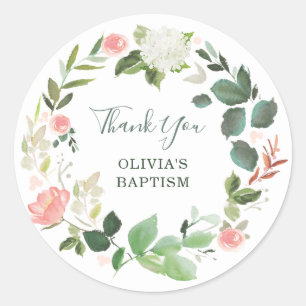 Groen en Roze Bloemen Waterverf   Dank u Ronde Sticker