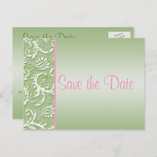 Groen en Roze Damask Save the Date Briefkaart (Voorkant / Achterkant)