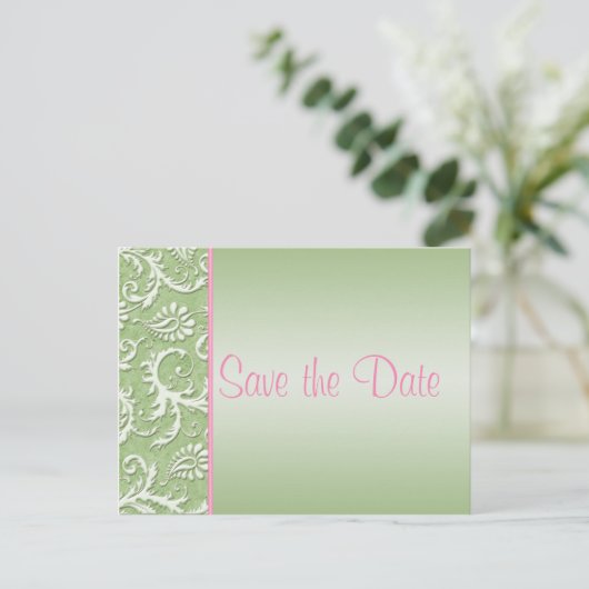 Groen en Roze Damask Save the Date Briefkaart (Staand voorkant)