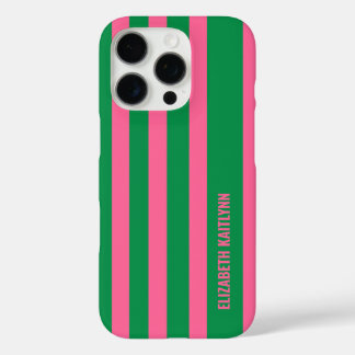 Groen en roze streepjespatroon gepersonaliseerd iPhone 16 pro hoesje