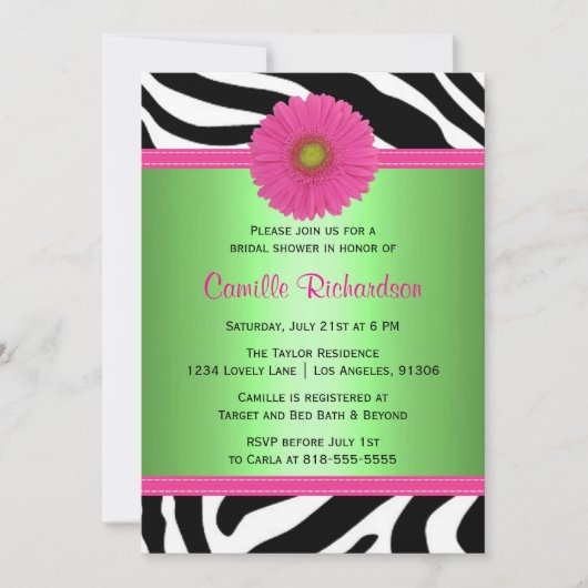 Groen en Roze, Zebra Bridal Shower Invitation Kaart (Voorkant)
