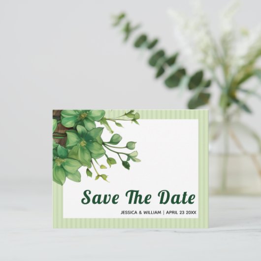 Groen en strepen lente bruiloft Save the Date Briefkaart (Staand voorkant)
