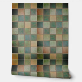 Groen en Tan effen tegel patroon Vinyl Behang