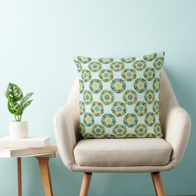 Groen en Turquoise Moderne Geometrische Bloempatro Kussen (Stoel)