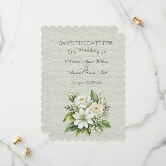 Groen en Wit Bloemen Bruiloft Boeket Save The Date (Voorkant / Achterkant in situ)