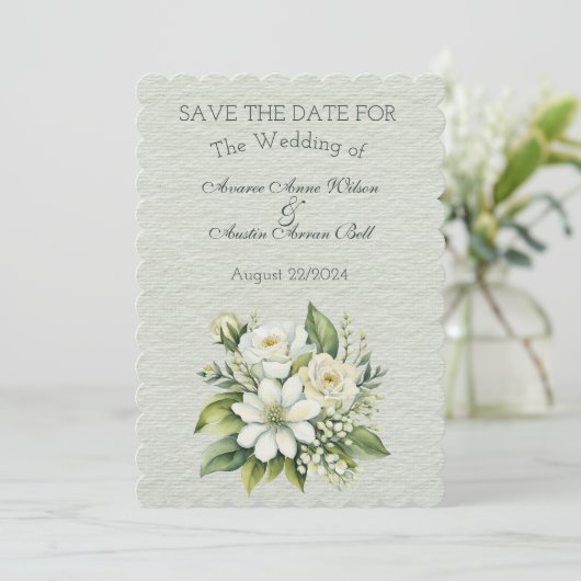 Groen en Wit Bloemen Bruiloft Boeket Save The Date (Staand voorkant)