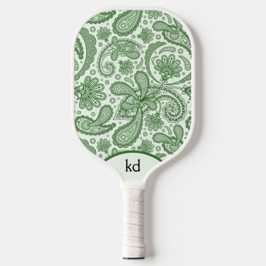 Groen en Wit Bloemen Paisley Monogram Pickleball Paddle (Voorkant)
