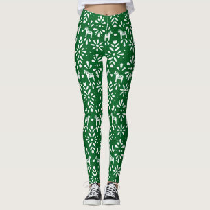 Groen en wit Dala Horse Folk Art Pattern Leggings