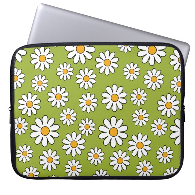 Groen en wit Floral Daisy Pattern Laptop Sleeve (Voorkant)