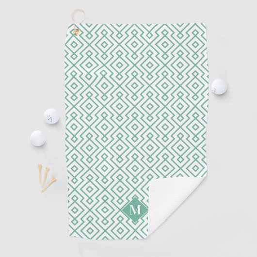 Groen en Wit Geometrisch Patroon Monogram Golfhanddoek (Insitu)