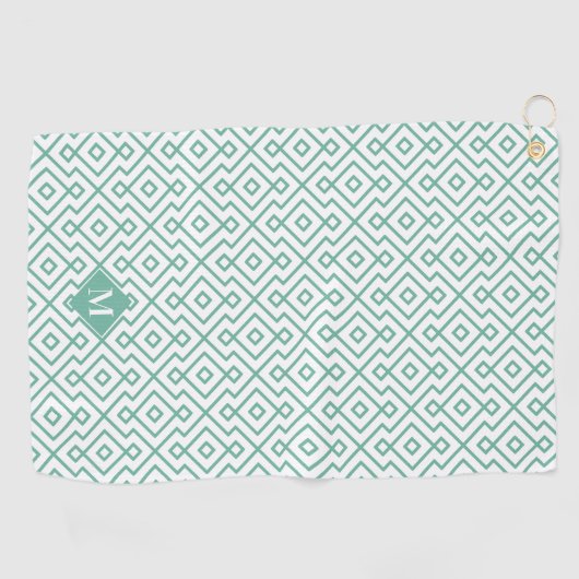 Groen en Wit Geometrisch Patroon Monogram Golfhanddoek (Horizontaal)