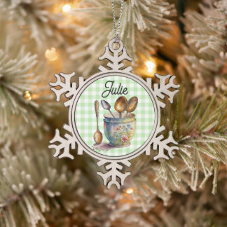"Groen en Wit Geruit - Lepels in Kop Tin Sneeuwvlok Ornament