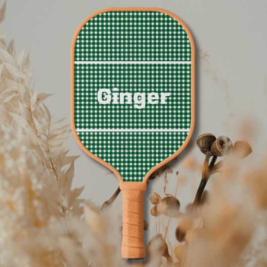 Groen en Wit Gingham Patroon Modern Monogram Pickleball Paddle