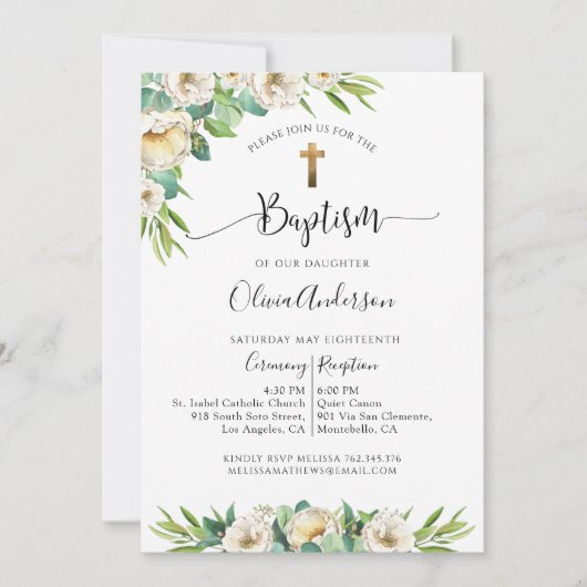 Groen en Wit, Goud Geel Bloemen Doop Kaart (Voorkant)