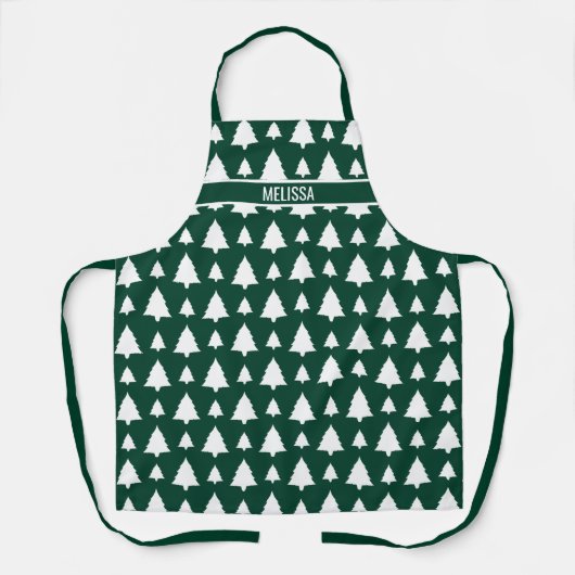 Groen en wit kerstboompatroon en naam schort (Voorkant)
