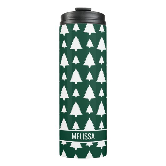 Groen en wit kerstboompatroon en naam thermosbeker (Voorkant)