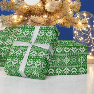 Groen en Wit Kerstmis Fair Isle Patroon Cadeaupapier