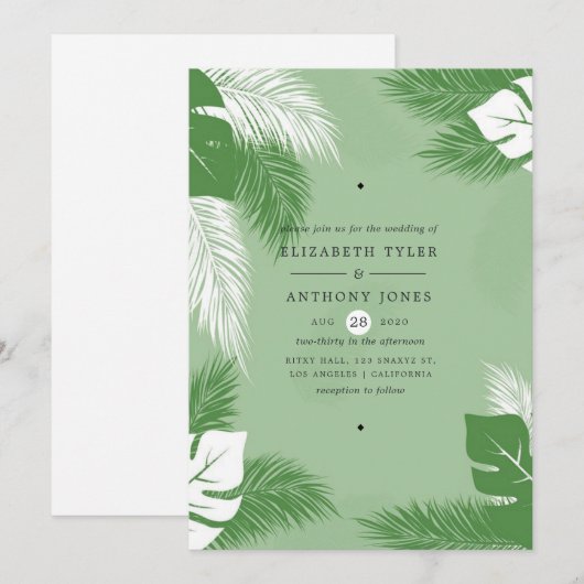 Groen en wit leder Exotic Tropical Wedding Kaart (Voorkant / Achterkant)