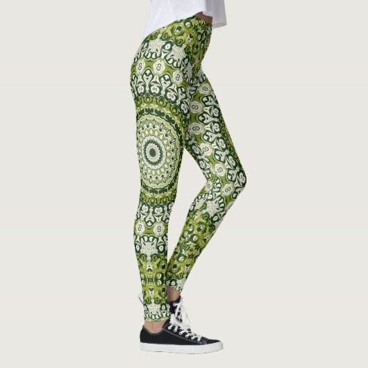Groen en Wit Mandala Patroon Ontwerp Leggings (Rechts)