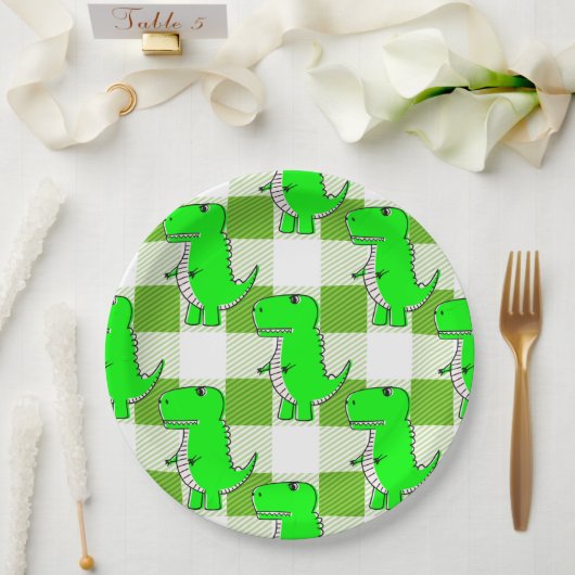 Groen en Wit Plaid Dino Tartan Patroon Papieren Bordje (Huwelijk)