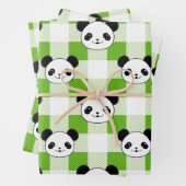 Groen en Wit Plaid Panda Beer Tartan Pattern Inpakpapier Vel (In situ)