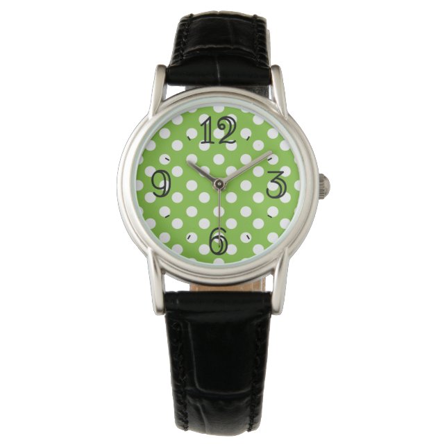 Groen en Wit Trendy Polka Dots Horloge (Voorkant)