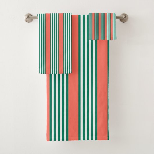Groen en wit vijf strips met koraal bad handdoek (Insitu)