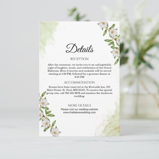 Groen en Wit Waterverf Bloemen Trouwdetails Informatiekaartje (Staand voorkant)