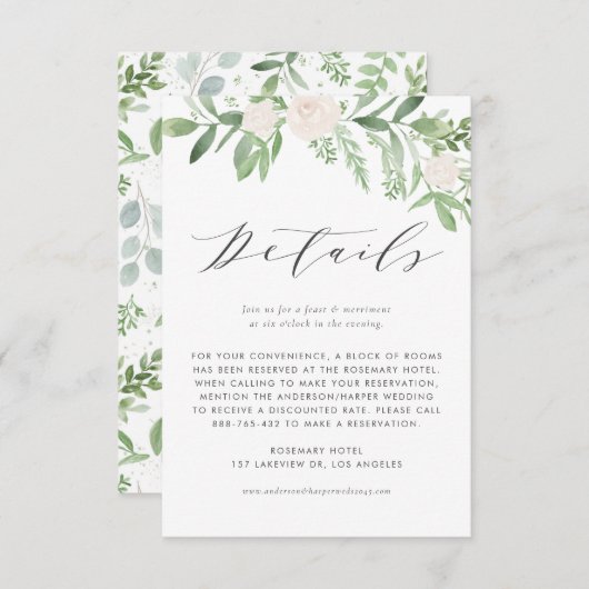 Groen en witte bloemen bruiloft details informatiekaartje (Voorkant / Achterkant)