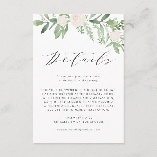 Groen en witte bloemen bruiloft details informatiekaartje (Voorkant)