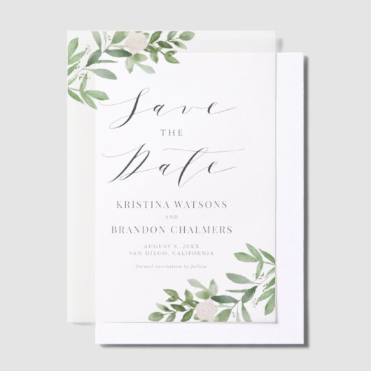 Groen en witte bloemen grijs Save the Date Vellum Uitnodigingen (Offset)