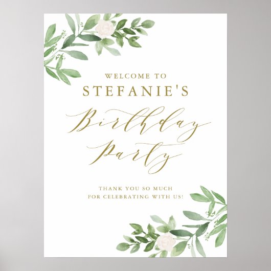 Groen en Witte Bloemen Verjaardagsfeestje Welkom Poster (Voorkant)